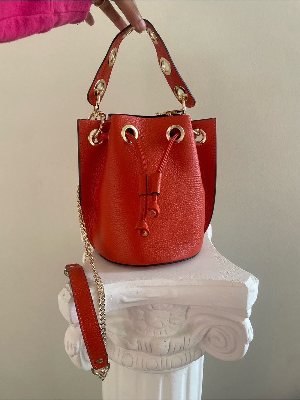 Y2K Authentic Luxury Leather Drawstring Bucket Bag with Gold Hardware